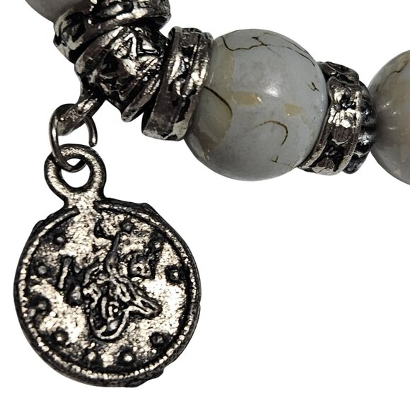 Evil Eye Silver Plated Bracelet White Turquoise Beaded Stretch Coin Charms Women - Picture 3 of 4
